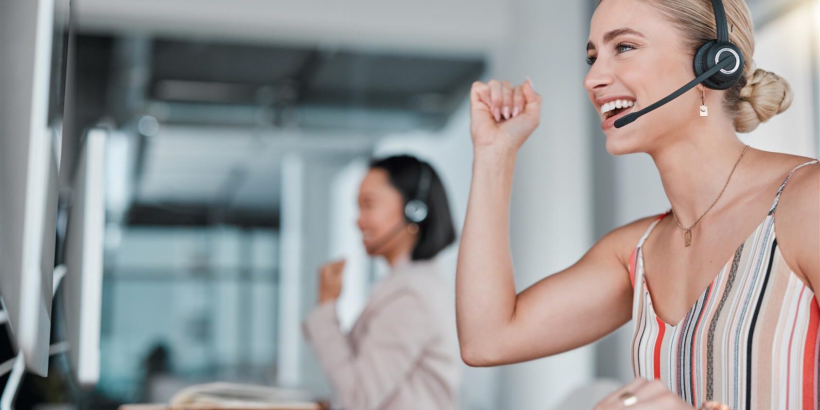 woman call center and celebration for winning pr 2025 04 06 04 27 11 utc