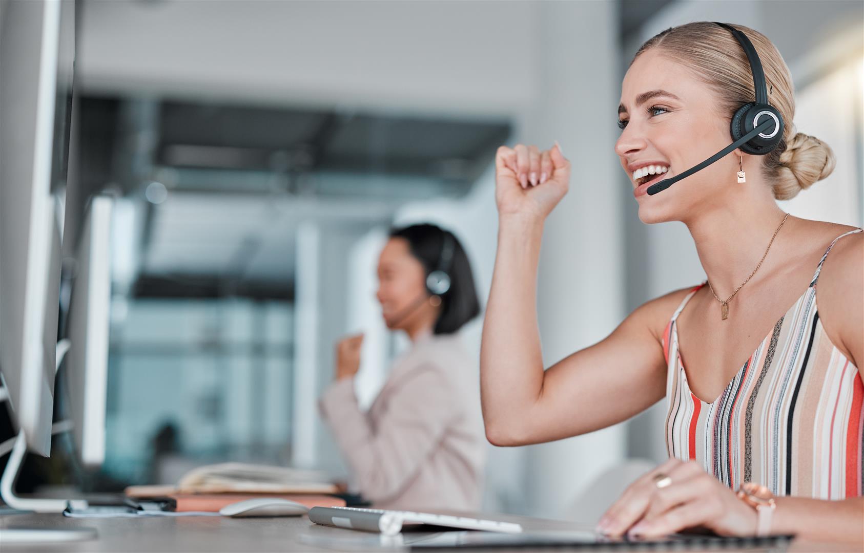 woman call center and celebration for winning pr 2025 04 06 04 27 11 utc